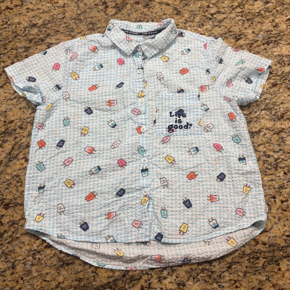 Life is Good Kids Blue Gingham Popsicle Seersucker Sleep Shirt Medium